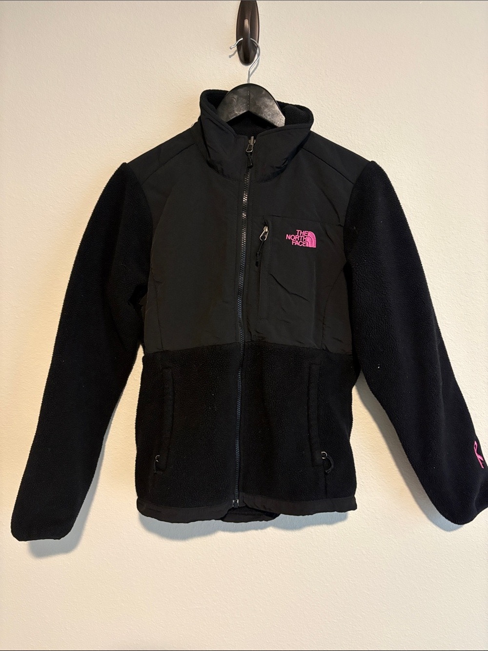 The North Face Kids Black Fleece Jacket with Pink Logo